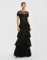 Black Short Sleeve Tiered Evening Gown with Embellishments